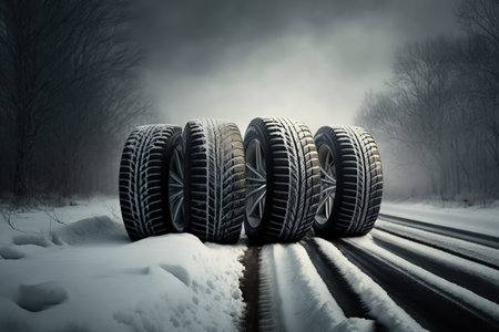 Stack of four tires on snowy winter road. Generative AIの素材