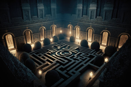 Perspective view of labyrinth at night, with cinematic intricate lightning. Generative AIの素材