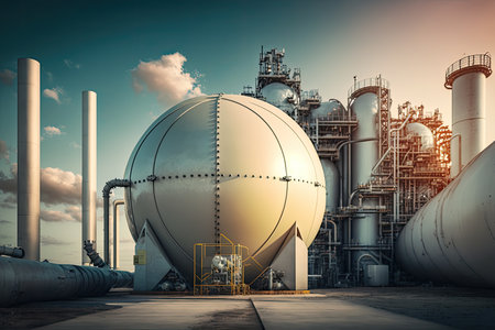 Photo of oil and gas chemical tank with oil refinery plant backgroundの素材