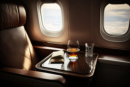 First class seat with whiskey. Fly with class. Generative AIの素材