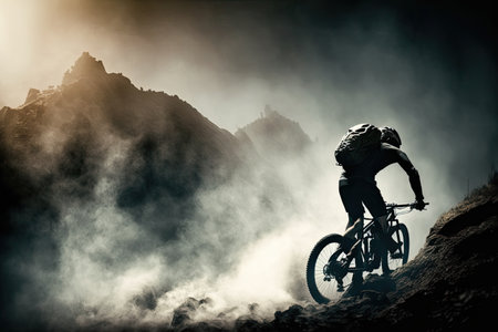 View of cyclist riding on a bike on mountain at sunset. Generative AIの素材