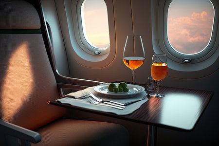 First class seat with gourmet food and two glasses of wine. Fly with class. Generative AIの素材