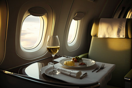 First class seat with gourmet food and two glasses of wine. Fly with class. Generative AIの素材