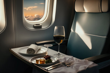 First class seat with gourmet food and a glass of wine. Fly with class. Generative AIの素材