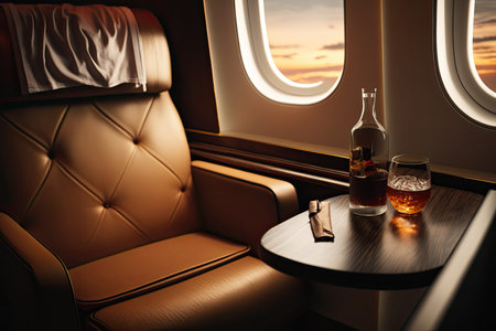First class seat with glass of whiskey and bottle. Fly with class. Generative AIの素材