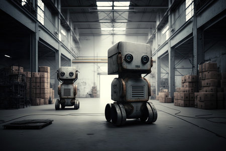 Small humanoid robots in a large warehouse with boxes on the shelves. Generative AIの素材
