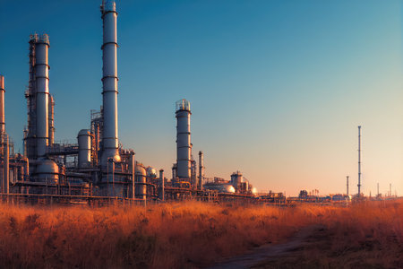 Photo of oil and gas refinery plant with towers at sunrise. Generative AIの素材