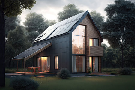 Passive house with solar panels. Green lawn and trees. Evening. Generative AIの素材