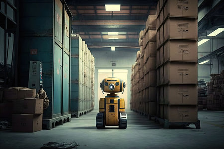 Small humanoid robot in a large warehouse with boxes on the shelves. Generative AIの素材