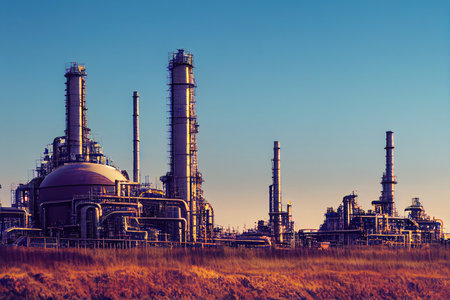 Photo of oil and gas refinery plant with towers at sunrise. Generative AIの素材