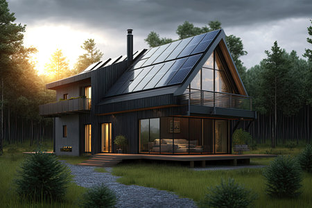 Passive house with solar panels. Green lawn and trees. Setting sun. Generative AIの素材
