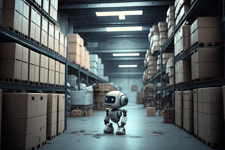 Small humanoid robot in a large warehouse with boxes on the shelves. Generative AIの素材
