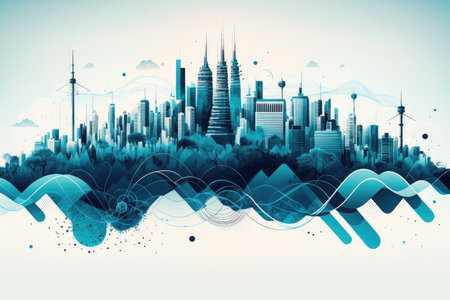 Smart city with big data connection technology concept. Wavy lines representing communications. Nighttime. Generative AIの素材