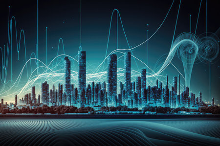 Smart city with big data connection technology concept. Wavy lines representing communications. Nighttime. Generative AIの素材