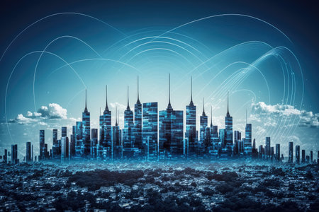Smart city with big data connection technology concept. Wavy lines representing communications. Nighttime. Generative AIの素材