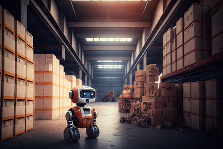 Small humanoid robot in a large warehouse with boxes on the shelves. Generative AIの素材