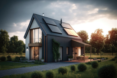 Passive house with solar panels. Green lawn and trees. Generative AIの素材