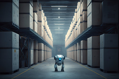Small humanoid robot in a large warehouse with boxes on the shelves. Generative AIの素材