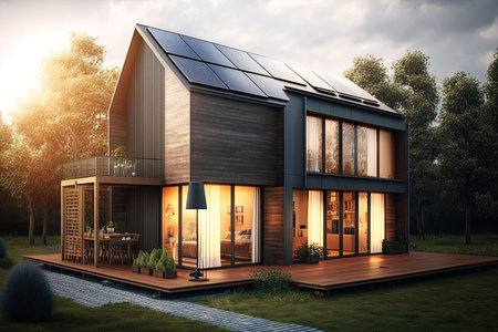 Passive house with solar panels. Green lawn and trees. Setting sun. Generative AIの素材