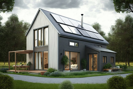 Passive house with solar panels. Green lawn and trees. Generative AIの素材