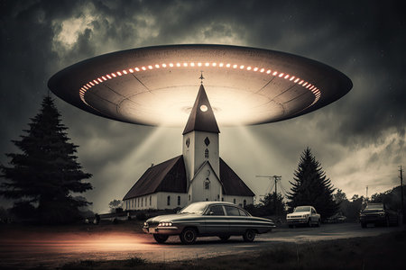 UFO, flying saucer hovering above the church, generative aiの素材