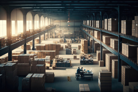 Inside of warehouse with endless cardboard boxes and pallets with people working inside. Generative AIの素材