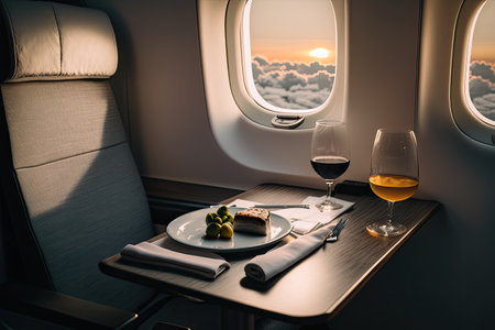 First class seat with gourmet food and two glasses of wine. Fly with class. Generative AIの素材