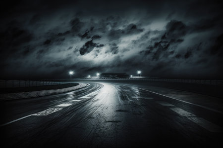 Empty international racetrack at night, as seen from the race car, blurred in motion. A dark and stormy night. High quality generative ai.の素材