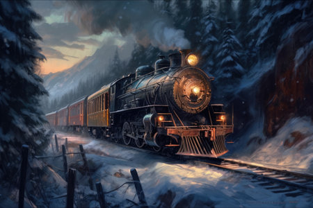 Illustration of an old steam train driving across the winter landscape. Fantasy train concept. Generative AIの素材