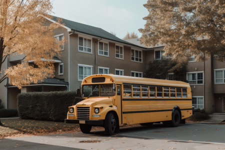 Yellow school bus parked in a street. No people. Generative AIの素材