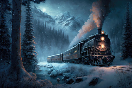 Illustration of an old steam train driving across the winter landscape. Fantasy train concept. Generative AIの素材