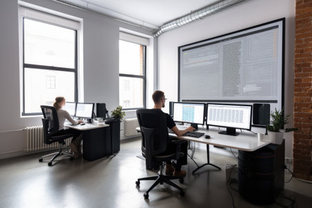 Photo of modern office white walls and with lots of computer screens, two persons working. High quality generative aiの素材