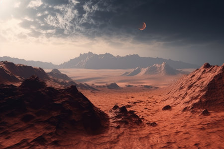 Landscape of unknown red planet surface with craters and mountains and moons. Extraterrestrial landscape. 3D render. High quality generative ai.の素材