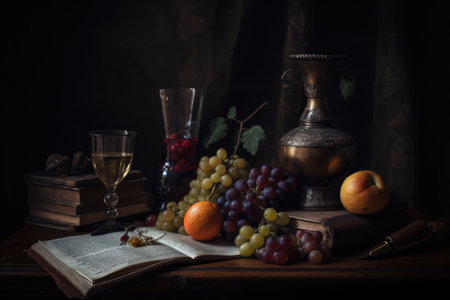 Classic still life composition, vase, fruit, books. Generative AIの素材