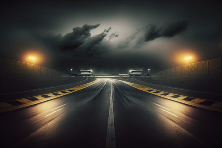 Empty international racetrack at night, as seen from the race car, blurred in motion. A dark and stormy night. High quality generative ai.の素材