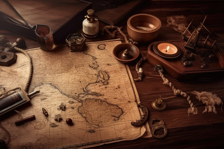 Background with a pirate treasure map, brown wooden table, and other series.Generative AIの素材