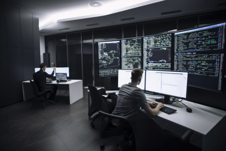 Photo of modern office with lots of computer screens and two persons working. High quality generative aiの素材