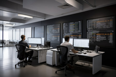 Photo of modern office with lots of computer screens and two persons working. High quality generative aiの素材