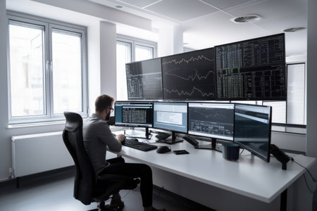 Photo of modern office white walls and with lots of computer screens, one person working. High quality generative aiの素材
