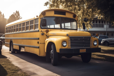 Yellow school bus parked in a street. No people. Generative AIの素材