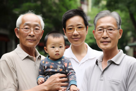 Son, father, grandfather and great grandfather. Four generations of Asian family. High quality generative AIの素材