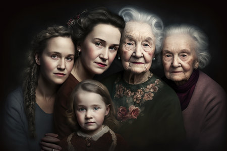 Four generations in family. White caucasian women. Vintage styled photography. Generative AIの素材