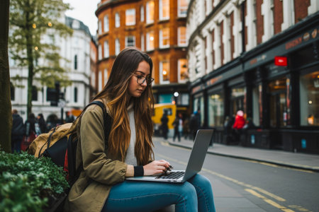 Young woman sitting in London and doing work on laptop. Student or freelancer lifestyle. High quality generative aiの素材
