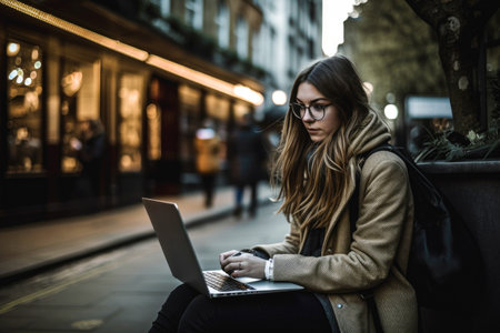 Young woman sitting in London and doing work on laptop. Student or freelancer lifestyle. High quality generative aiの素材