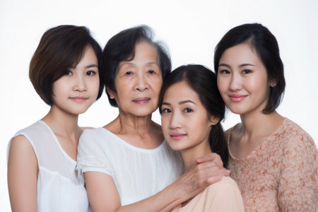 Two daughters, mom and grandmother. Three generations of Asian family. High quality generative AIの素材