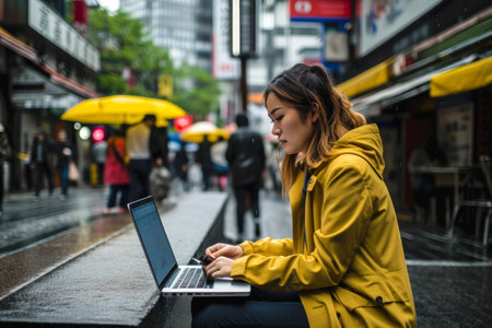 Young Asian woman, wearing yellow coat using her laptop in Tokyo. Student or freelancer lifestyle. High quality generative aiの素材