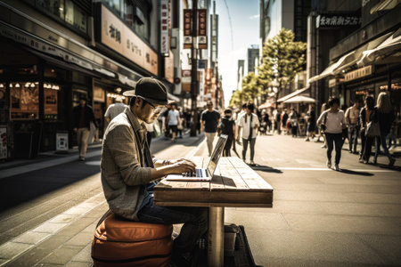 Asian man using a laptop in the middle of Tokyo. Street lifestyle. High quality generative aiの素材
