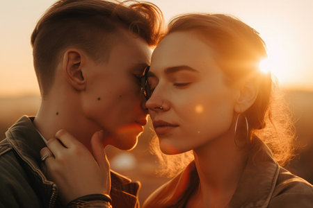 Attractive couple leaning in for a kiss, bathed by a shining sun. Young couple (man and woman) going for a kiss in sunset. Girl has a nose piercing. High quality generative aiの素材