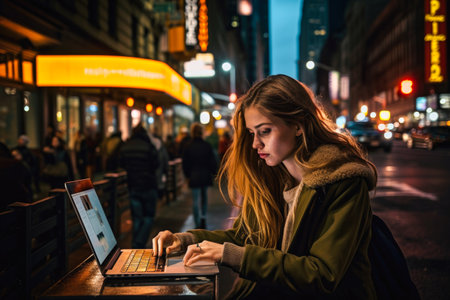 Young woman sitting in New York and doing work on laptop. Student or freelancer lifestyle. High quality generative aiの素材