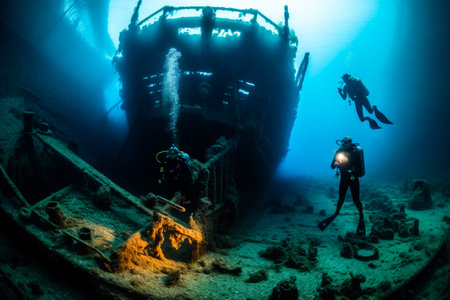 Scuba divers exploring a sunken shipwreck. Underwater mysteries, high quality generative aiの素材